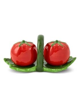 Tomato Ceramic Salt and Pepper Shaker Set with Leaf Holder - Red/Green